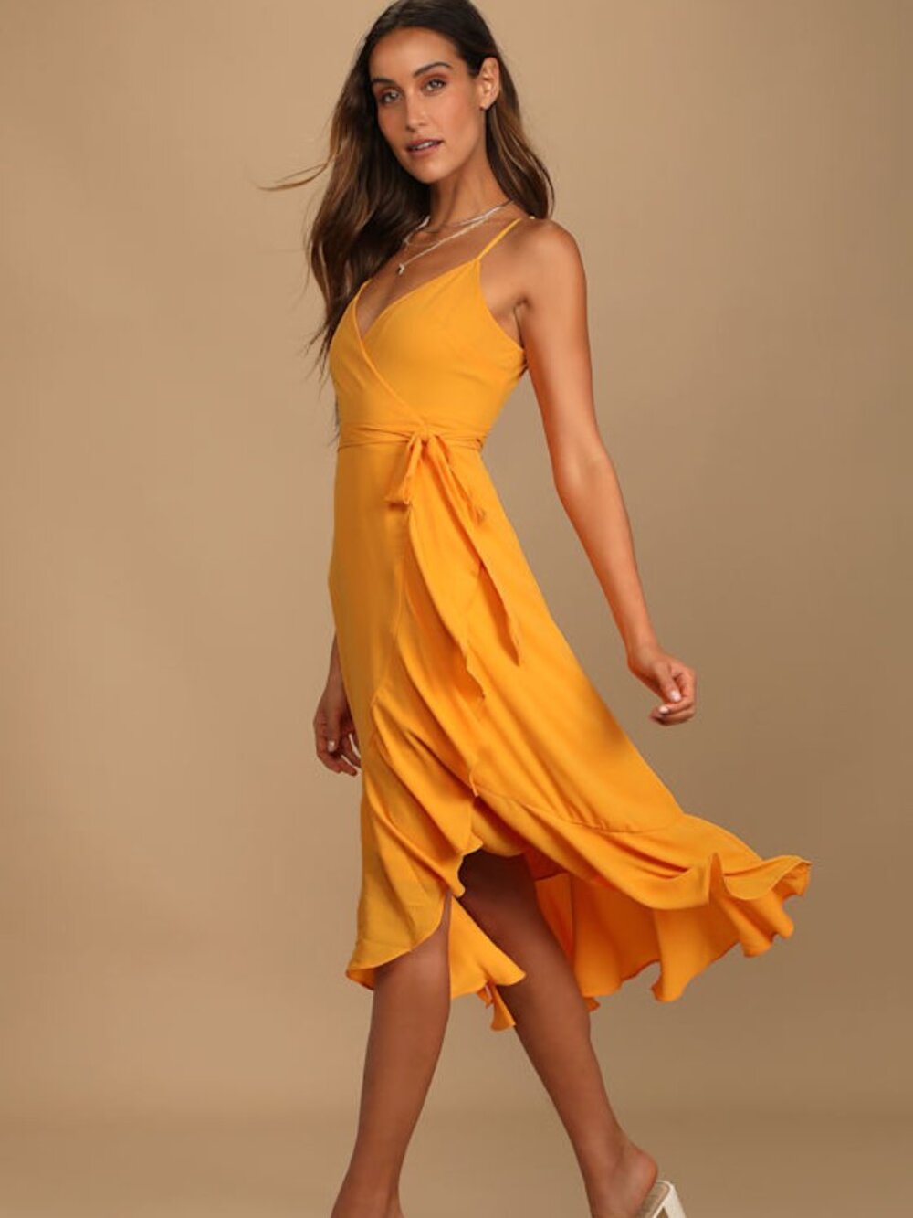 Lulus Manhattan Moment Bright Orange Ruffled Midi Wrap Dress - Size XS